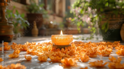 Decorative oil lamp surrounded by vibrant flower petals during a festive even...