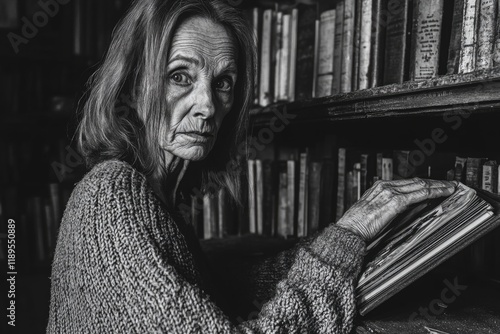 Elderly caucasian female reading in library with intense expression photo