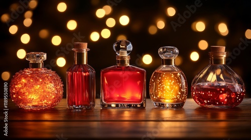 Elegant glass perfume bottles illuminated by candlelight create a warm ambian...