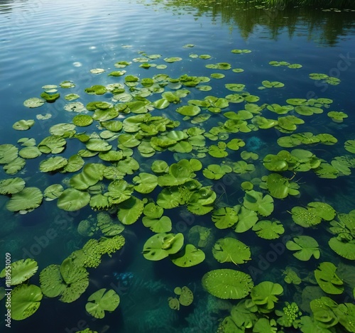 Green duckweed lemna floating on the surface of a tranquil blue river, nature landscapes, duckweed, lemna photo