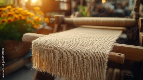 Woven fabric drying under warm sunlight in a craft workshop with vibrant flowers