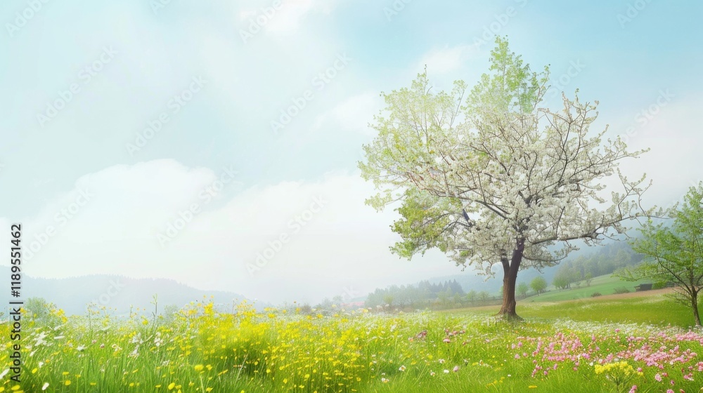 Fototapeta premium a tranquil countryside scene painted with the colors of spring, white space in the center of the page for text, serene and picturesque scenes against a backdrop of seasonal beauty