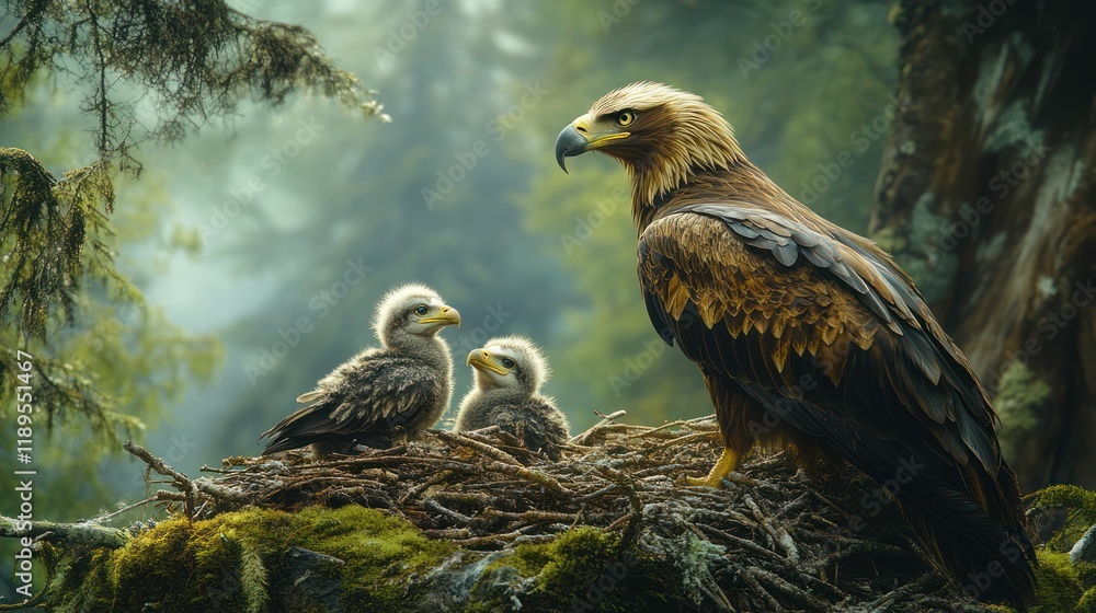 Fototapeta premium Eagle protecting chicks in misty mountain nest