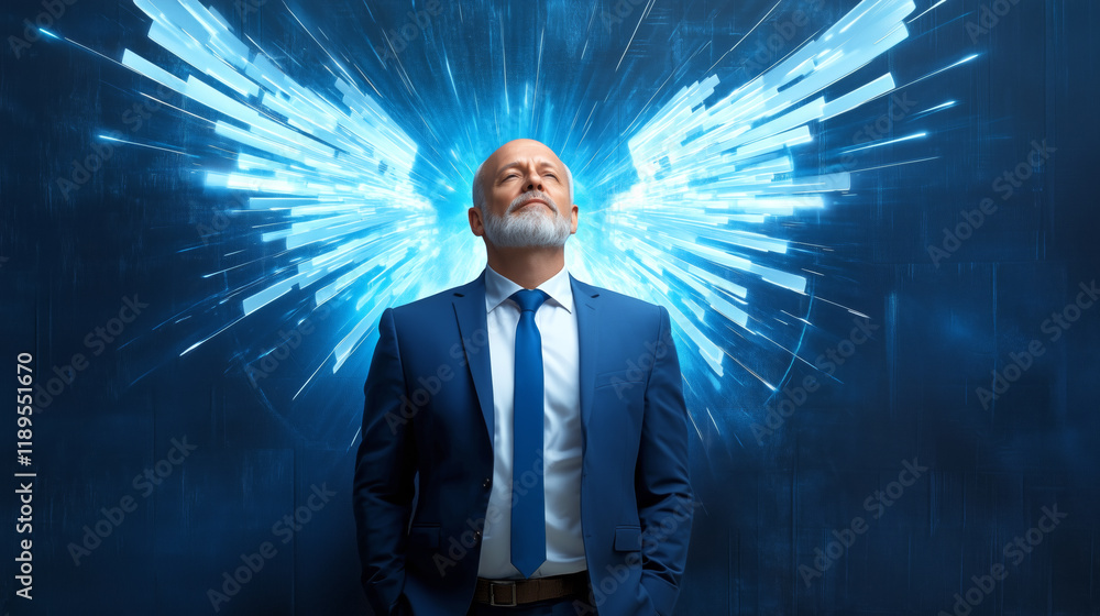 Man in suit standing confidently with glowing blue wings Man in suit standing confidently with glowing blue wings