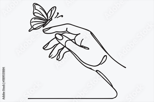 line drawing of a delicate hand holding a butterfly.