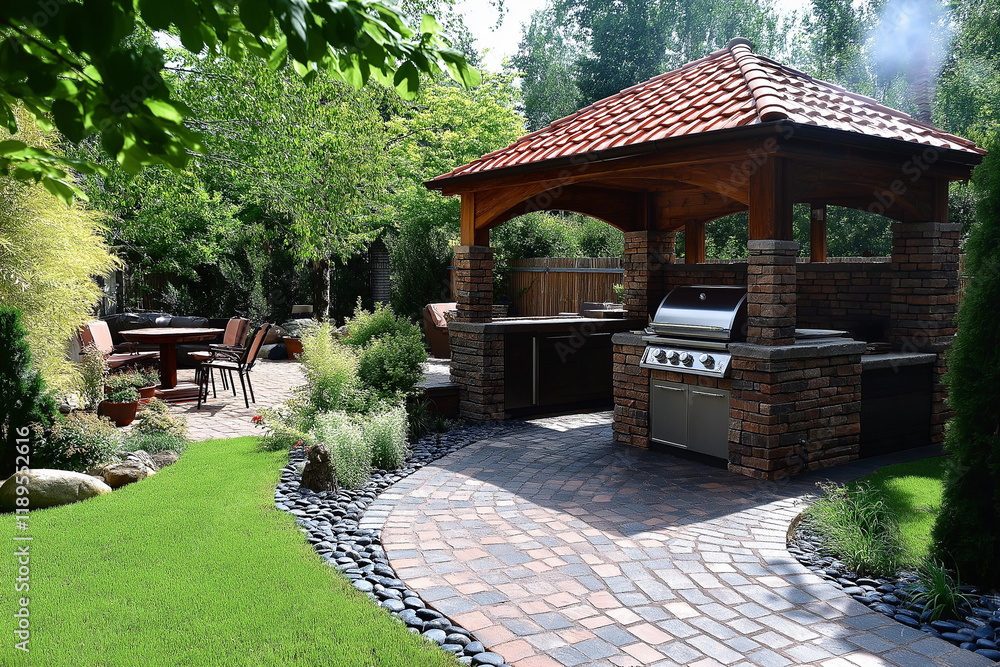 Obraz premium Barbecue Area with Brick Pavement on a Patio