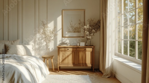 Elegant wall mirror reflecting soft sunlight in a spacious room with classic ...