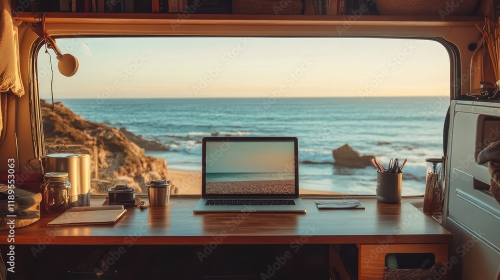 Fototapeta premium Laptop on desk in van overlooking ocean.