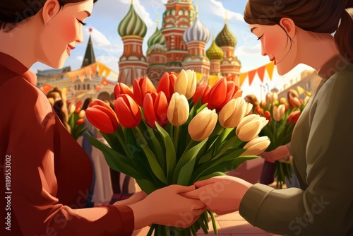 Celebrating International Women's Day with Tulip Bouquets Outdoors, Sunny Day, Festive Atmosphere, Cultural Landmark, Feminism Concept photo