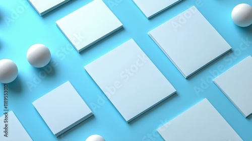 Stacks of blank paper sheets arranged neatly on a blue surface for creative p...