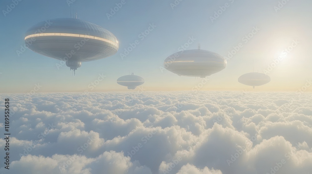 Three futuristic, silver, flying saucer-like objects hover above a vast, puffy cloud layer, bathed in soft sunlight. Three futuristic, silver, flying saucer-like objects hover above a vast, puffy cloud layer, bathed in soft sunlight.