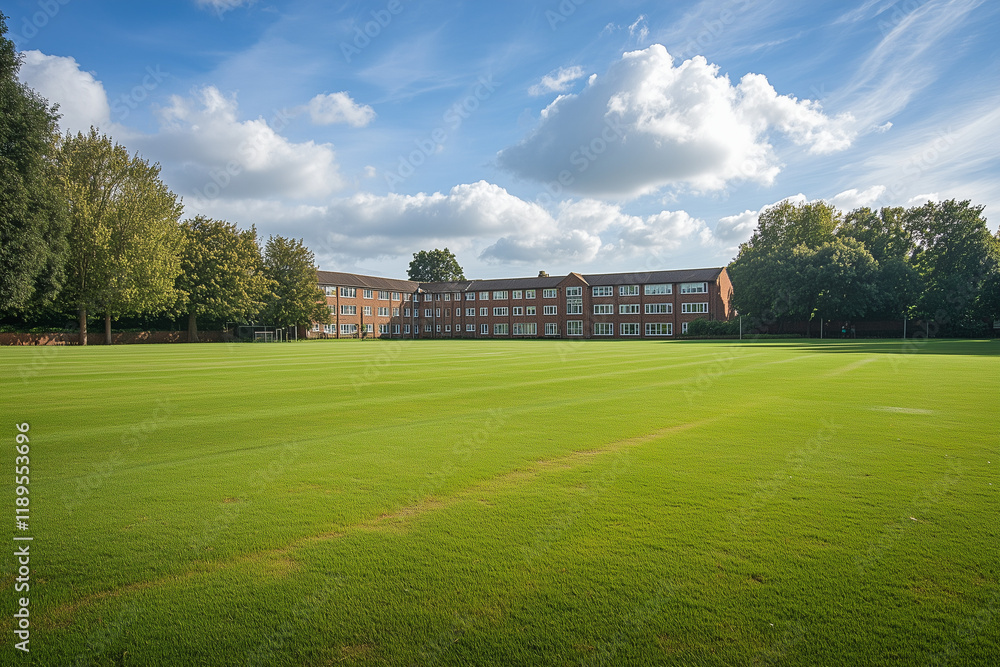 Obraz premium School Cricket Pitch on a Well-Maintained Grass Lawn
