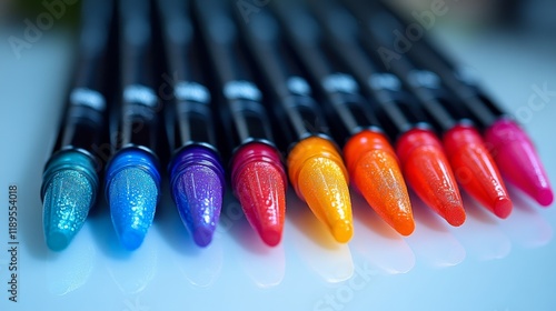 Colorful assortment of gel pens arranged in a neat row on a light background