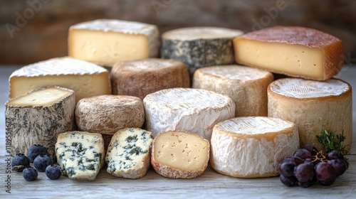 Selection of artisan cheeses displayed with fresh berries and greens in rusti...