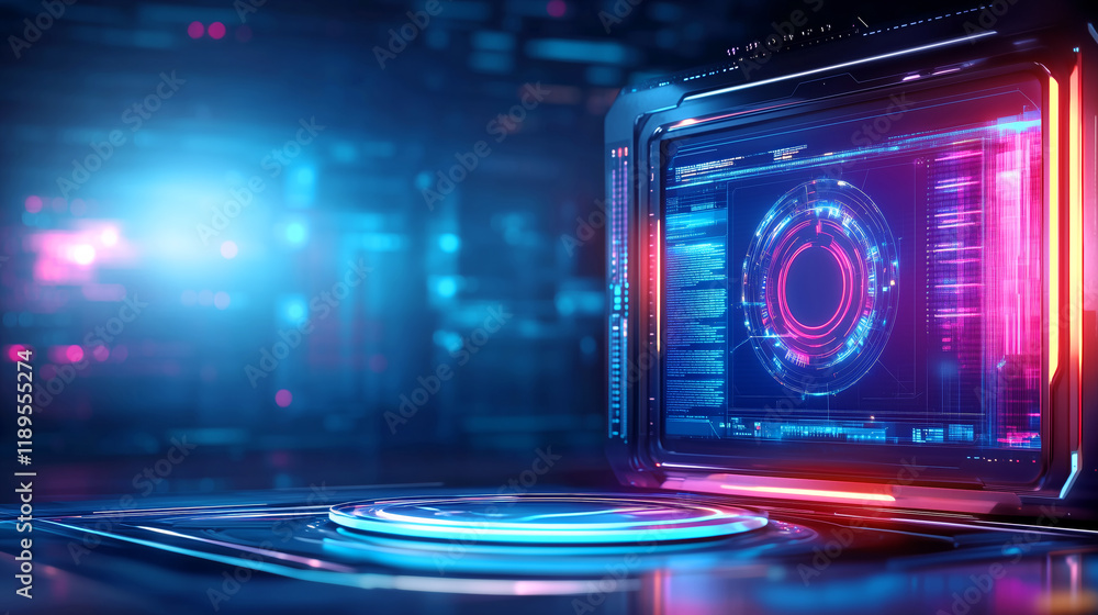 Digital interface with colorful lights and circular design Digital interface with colorful lights and circular design