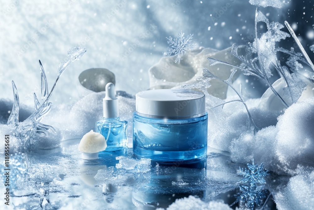 Blue skincare products displayed on a snowy, icy surface Blue skincare products displayed on a snowy, icy surface