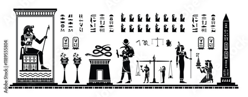 Egyptian Papyrus cultural background. pharaoh with gods and goddesses offering sacrifice. Ancient Egyptian gods and goddesses in historical hieroglyphic paper art.