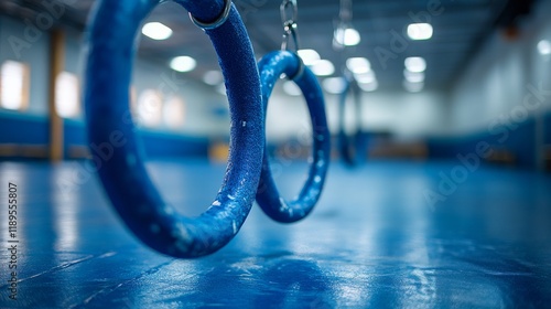 Blue gym rings hang low in a well-lit training facility during evening practi...