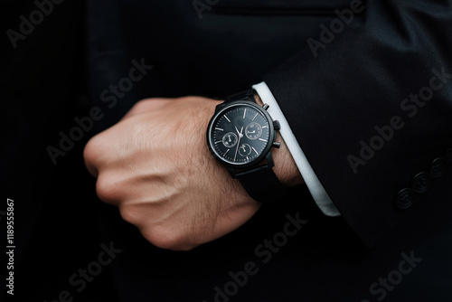 Close-up image of man wearing black suit and checking time on black wristwatch. Elegant man wearing formal wear. Luxury item for special event. Businessman checking time. Business fashion concept. photo