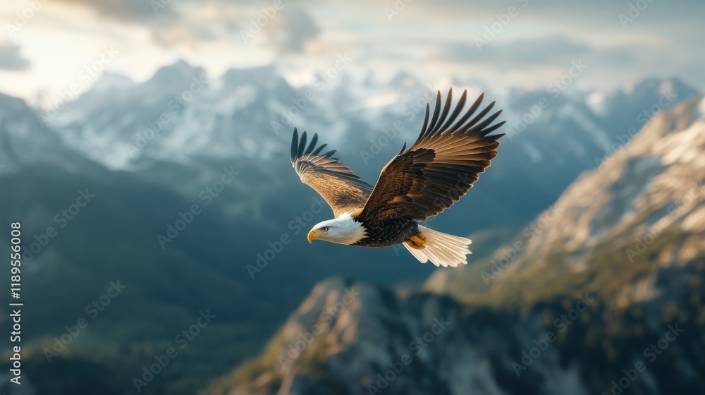 Naklejka premium High above the majestic mountain peaks, an eagle spreads its wings wide, embracing the freedom of the sky