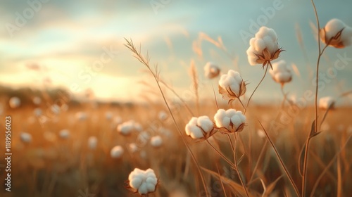 At dawn, an empty cotton field emerges under soft light, with cotton bolls standing out against the horizon photo