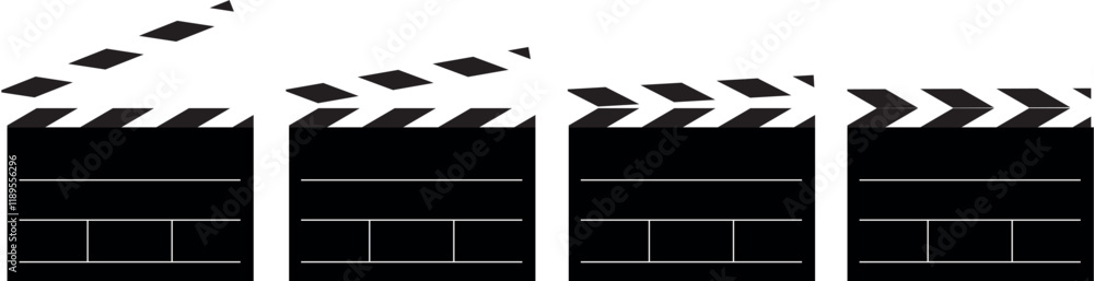 Different film production clapperboard positions, professional video recording. Concept: Film, film recording, professional film, television.