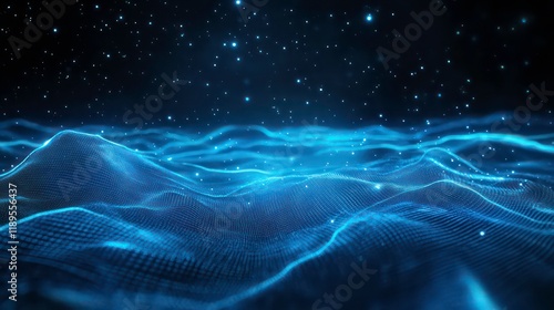 Abstract blue digital wave landscape with glowing particles.