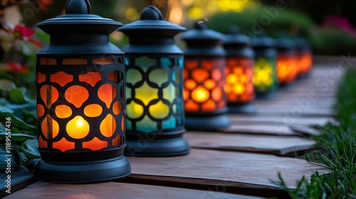 Beautiful outdoor lanterns illuminate garden pathway at twilight