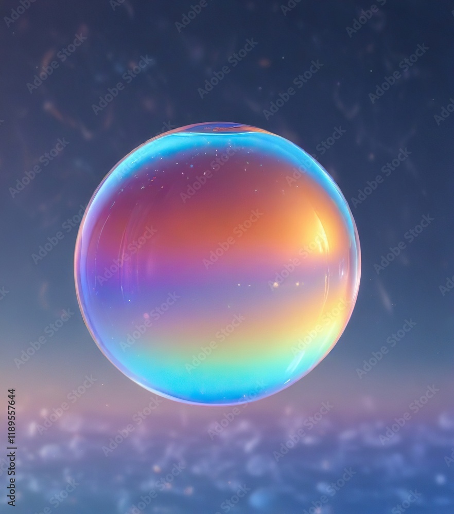 Obraz premium Iridescent rainbow filling a small, shimmering bubble floating in mid-air amidst a subtle gradient of blue and orange hues, bright, iridescent colors