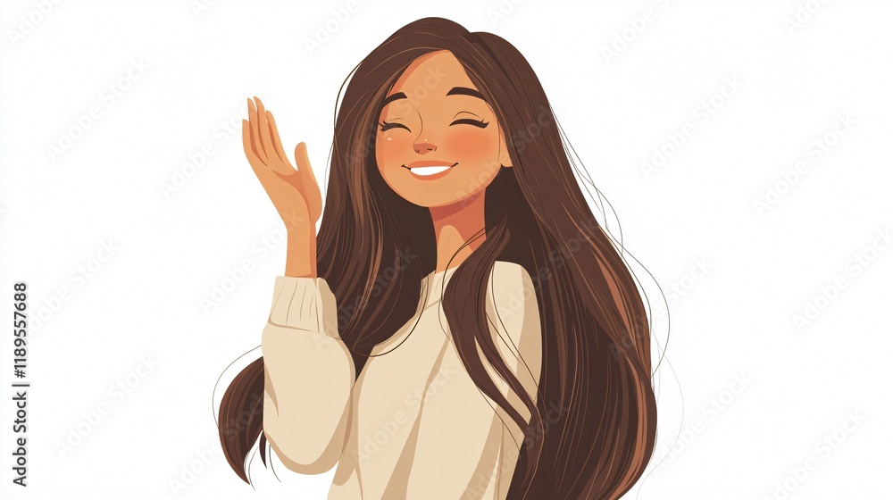 Happy girl with long hairstyle posing with hand up in wide angle shot Happy girl with long hairstyle posing with hand up in wide angle shot
