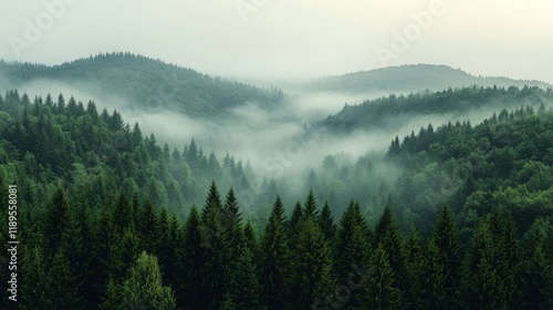 Fog envelops lush green hills and forests in the early morning light over tra...