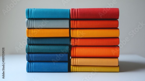 Layered blue notebooks stacked in various shades on a clean white surface
