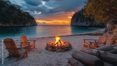 Campfire glowing on a serene beach at twilight surrounded by lush trees