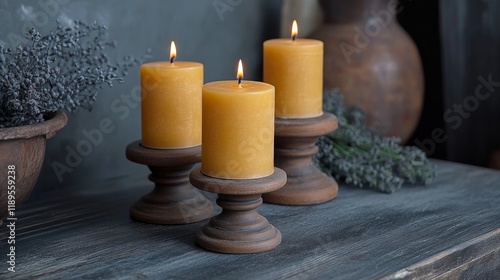 Candles illuminate a wooden table in a cozy indoor setting with plants and so...