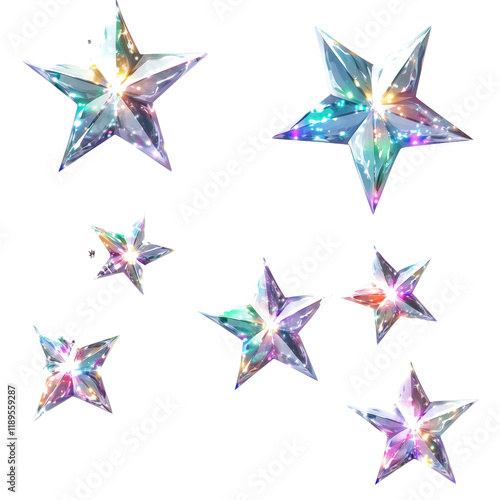 Seven colorful iridescent stars scattered across background