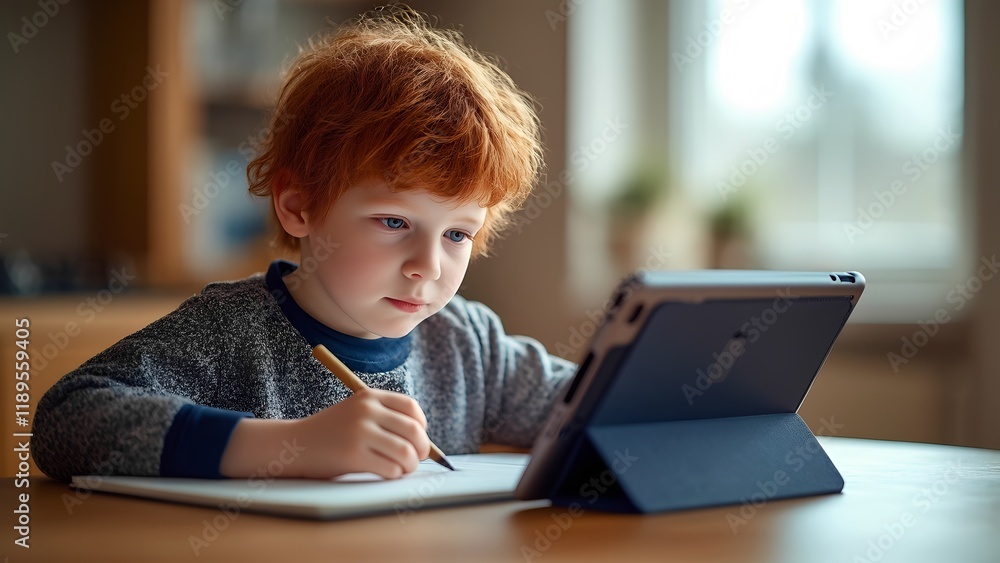 Young boy reading a glowing tablet, symbolizing curiosity, exploration, and digital learning, conceptual illustration Young boy reading a glowing tablet, symbolizing curiosity, exploration, and digital learning, conceptual illustration