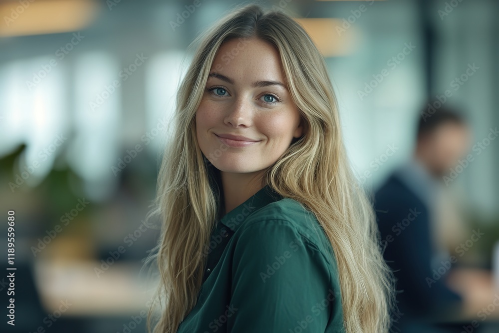 Fototapeta premium Portrait of an attractive blonde woman with long hair wearing a green shirt, smiling in the office.