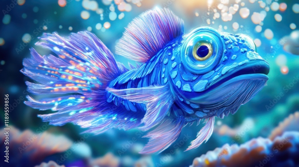 Vibrant, fantasy fish swimming in an underwater scene. Vibrant, fantasy fish swimming in an underwater scene.