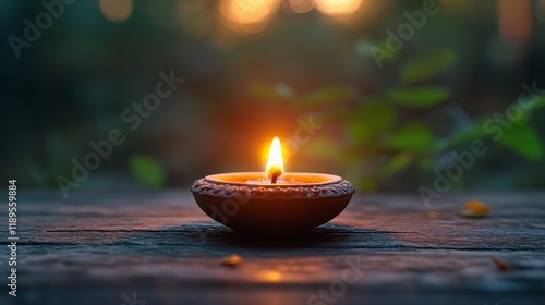 Candle flickers gently in warm light during sunset, creating a serene atmosph...