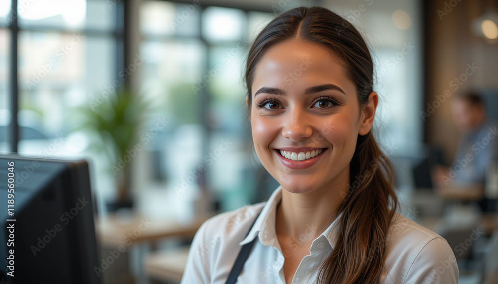 Receptionist or secretary showing happiness in a professional work environment. Receptionist or secretary showing happiness in a professional work environment.