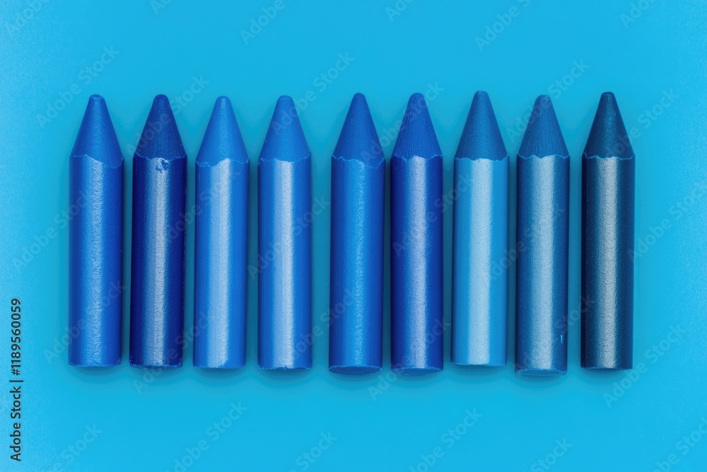 Fototapeta premium Spectrum of Blue Crayons: A Visual Display of Vivid Hues Against a Matching Background