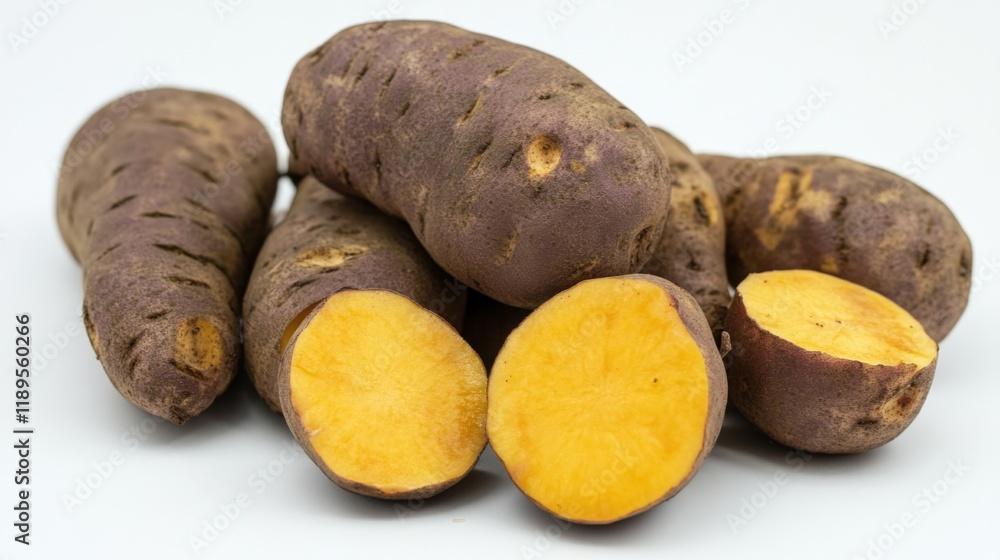 a group of whole and cut sweet potatoes a group of whole and cut sweet potatoes
