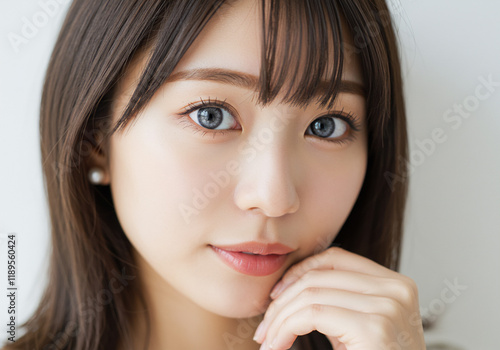 グレーのカラーコンタクトレンズをつけた女性、カラコン、メイク