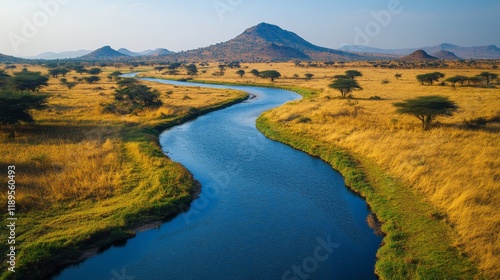 Serene river winding through golden grasslands with distant mountains under a...