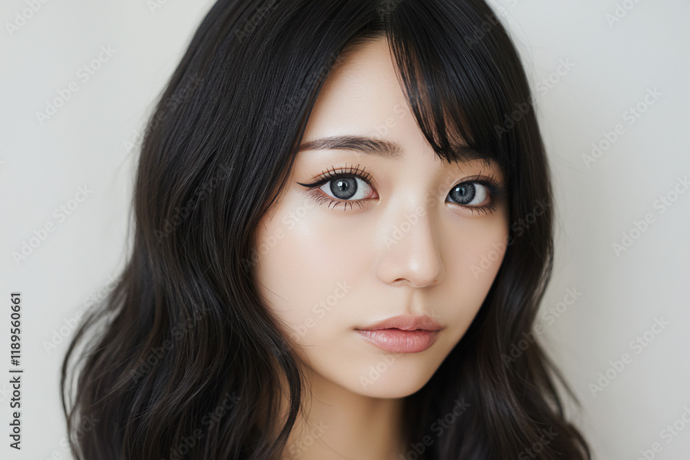 グレーのカラーコンタクトレンズをつけた女性、カラコン、メイク グレーのカラーコンタクトレンズをつけた女性、カラコン、メイク