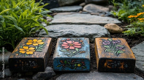 Decorative garden stones with floral designs arranged along a stone pathway a...