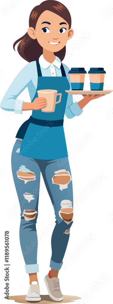 Obraz premium Smiling waitress carrying hot drinks on tray and mug in hand