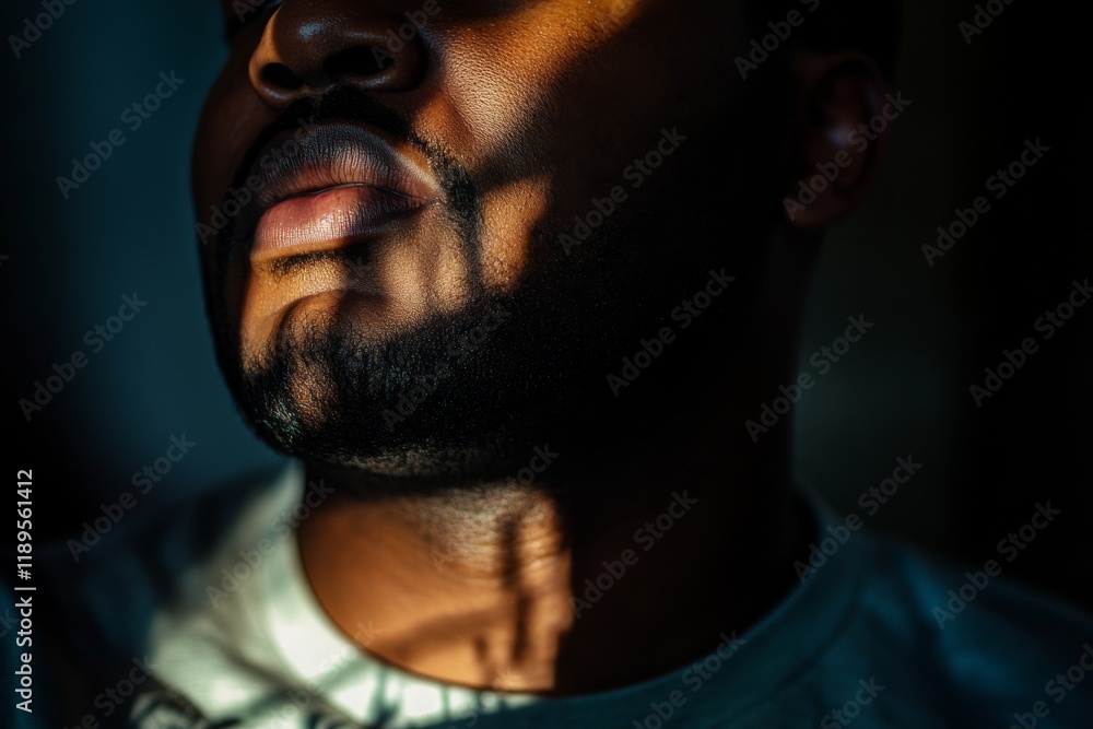 Close-up of a man's face, partially illuminated by sunlight, showing his lips, beard, and neck Close-up of a man's face, partially illuminated by sunlight, showing his lips, beard, and neck