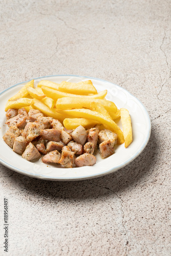 Serving of delicious pork bites with french fries on white plate, representing a simple yet satisfying meal