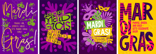 Mardi Gras poster with a bold design featuring vibrant masks, festive colors, and playful lettering. Perfect for carnival celebrations.